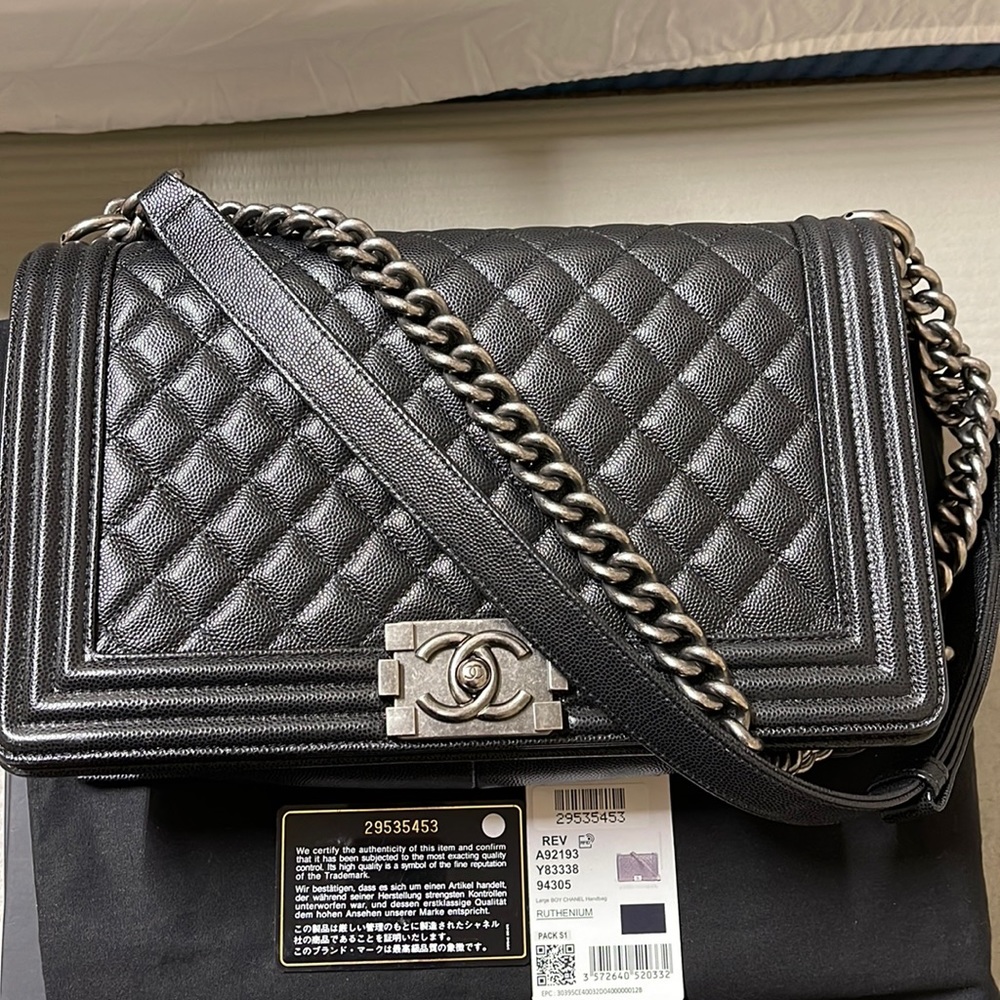 CHANEL Black Caviar Quilted Boy Flap Crossbody Bag with Silver Hardware